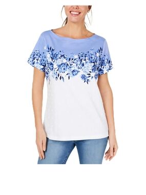 Karen Scott Blue Floral Print Applique Boat Neck T-Shirt